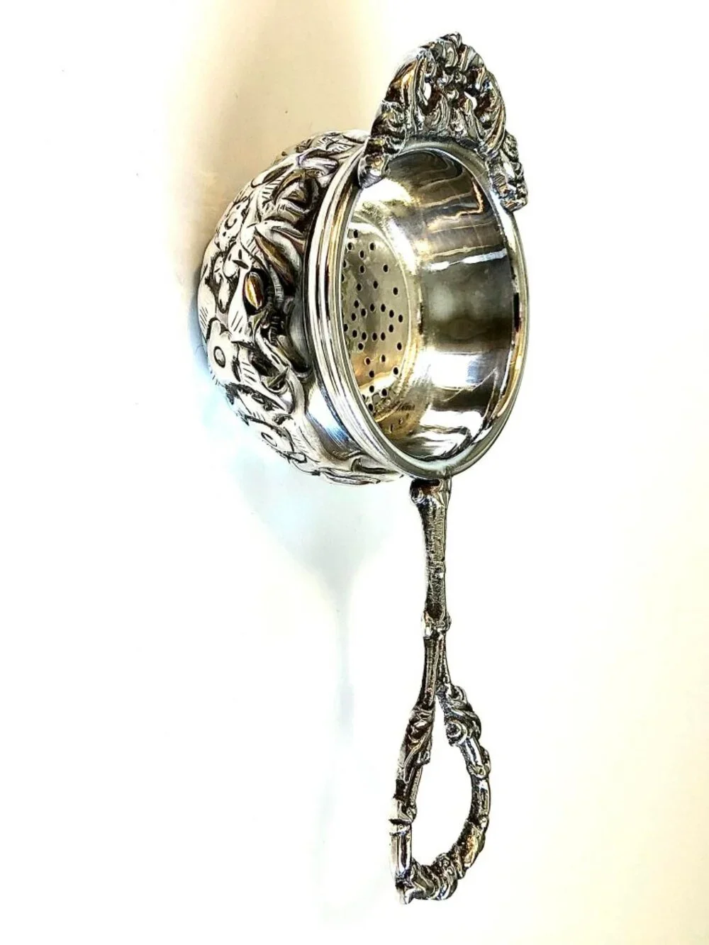 Vintage Ornate Repoussé Silver Plate Tea Infuser Strainer & Drip Rest